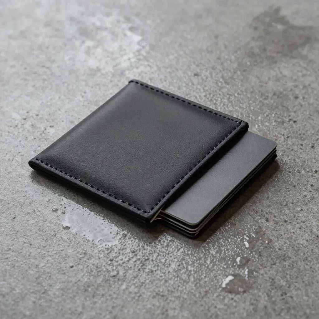 Mattezwart hotelset op nat beton met kaarthoes, kaartje en tasje in close-up.
