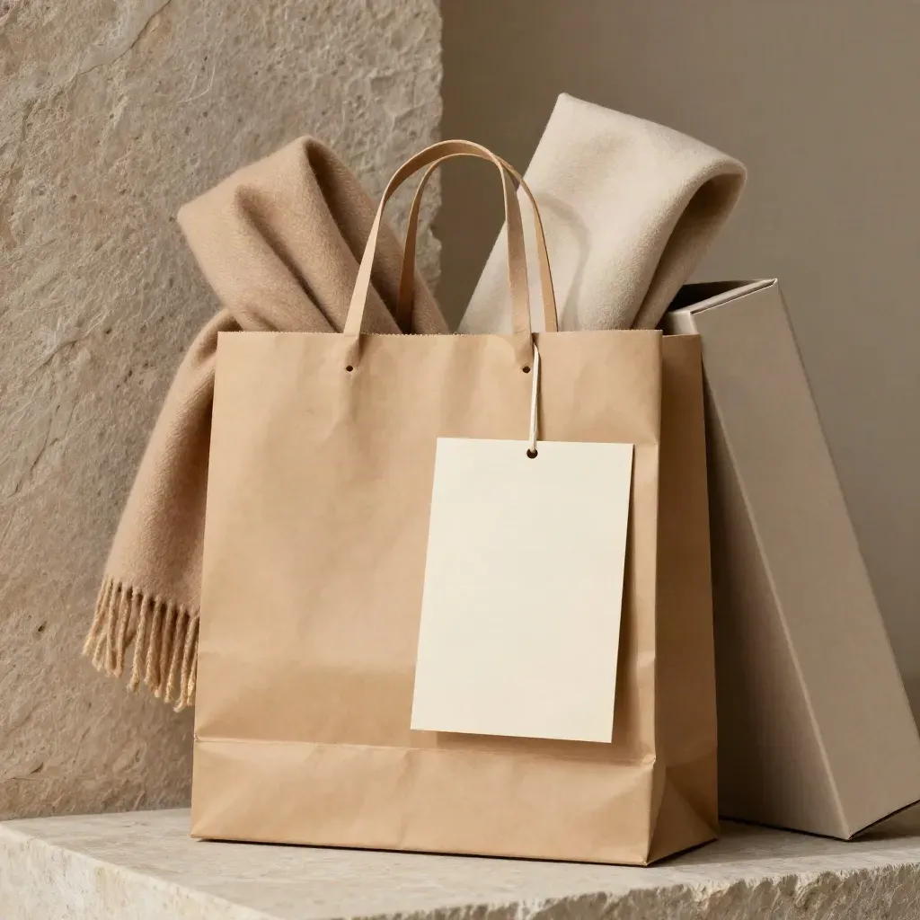Tan shopping bag met sjaal, schoenendoos en sleeve tegen steen in warm goudlicht.