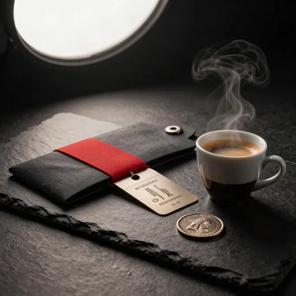 Cologne-dealbundel met hotelhoes, ontbijttoken, metrocoin en espressokop op donkere steen.