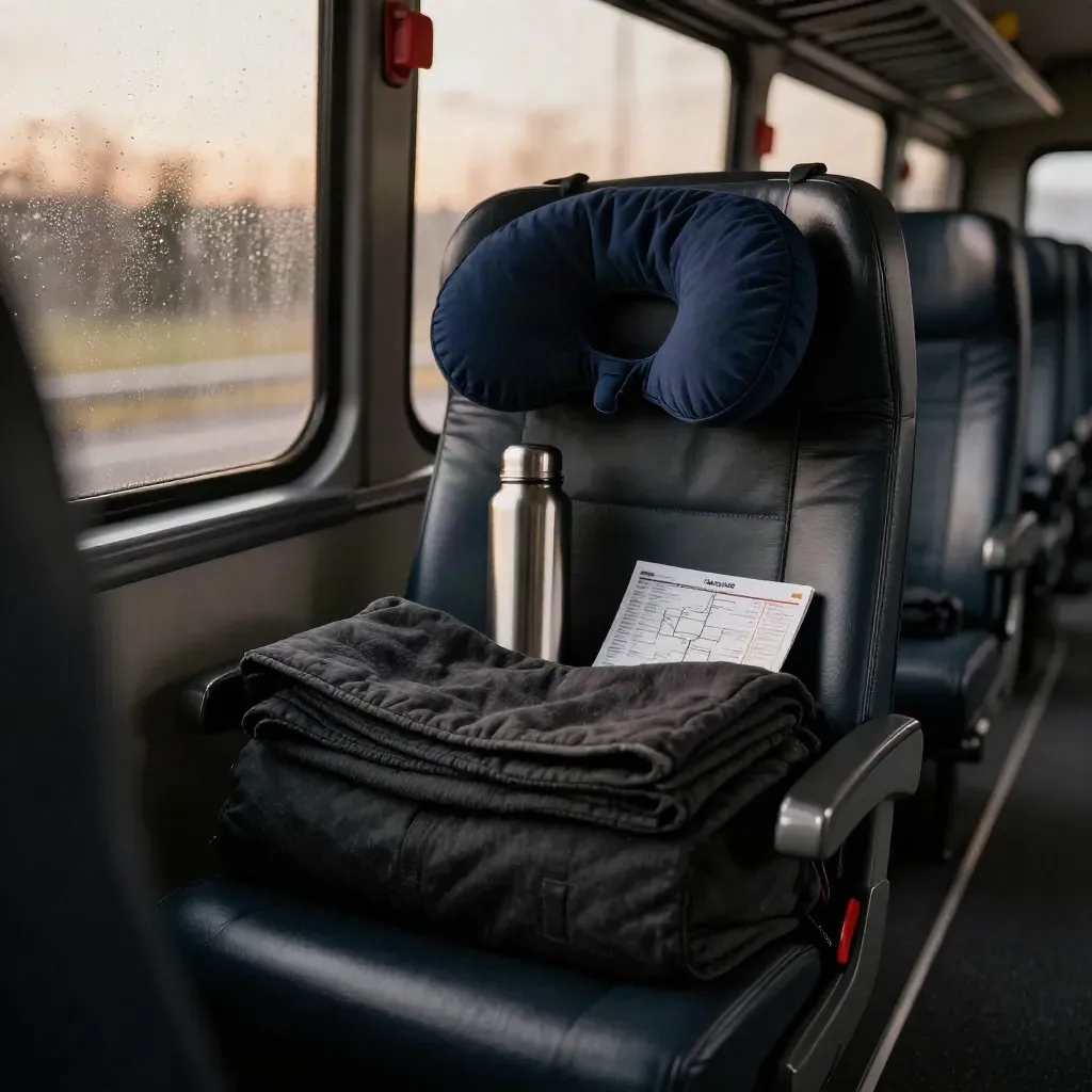 Nachtbusreistas met nekkussen, thermos en deken in een donkere buscabine.