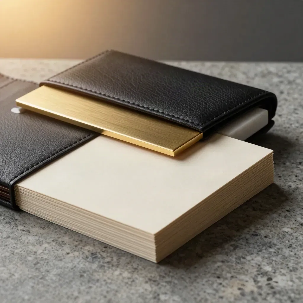 Museumpasbundel met marmeren sokkel, gevouwen wallet en bronzen detail in studio.