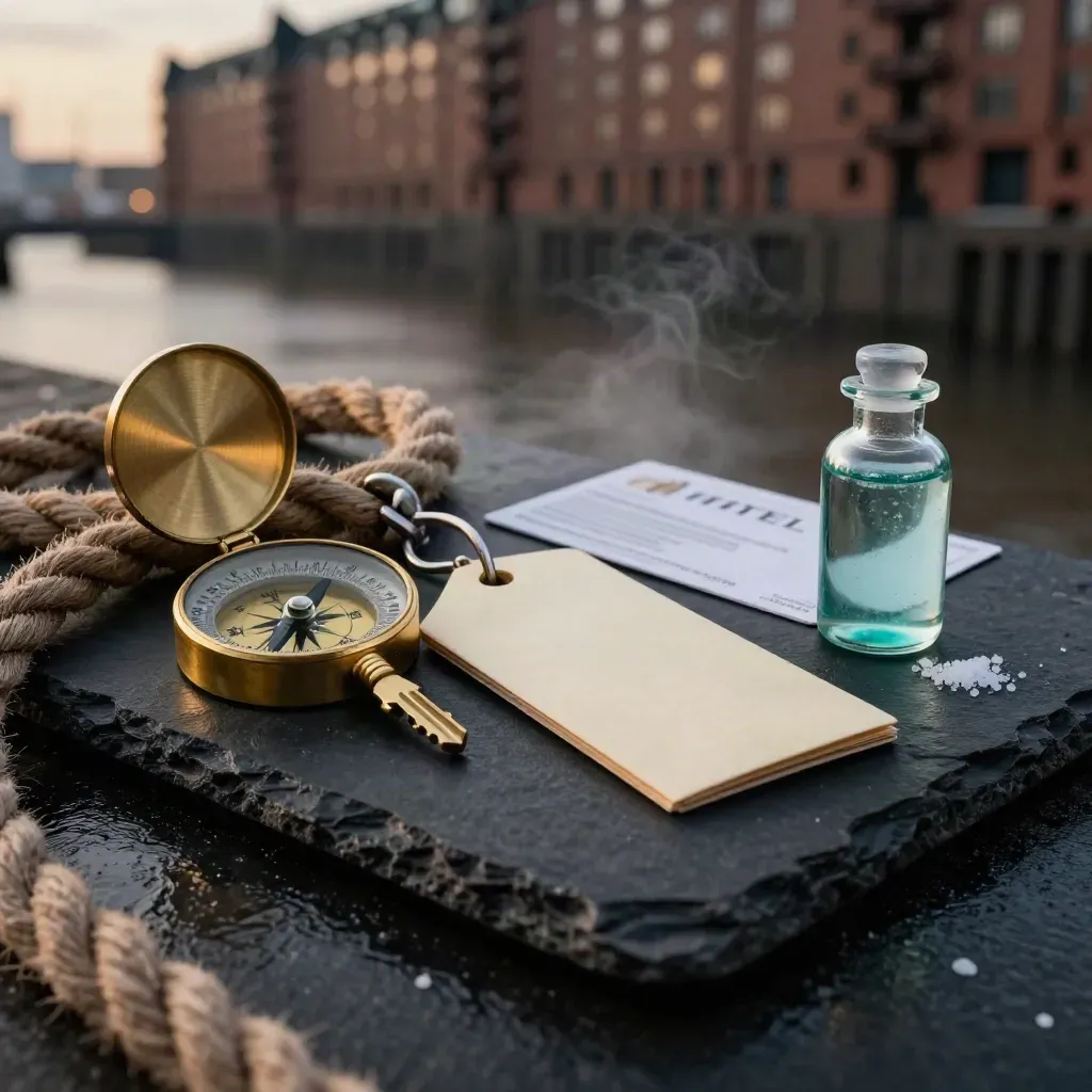 Hamburg-haven hotelbundel met touw, kompas en zeeglazen fles op donkere ondergrond.