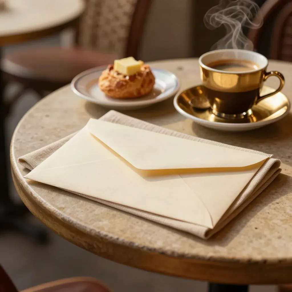 Cremekleurige lunchvoucherset met espresso en servet op een cafétafel in warm licht