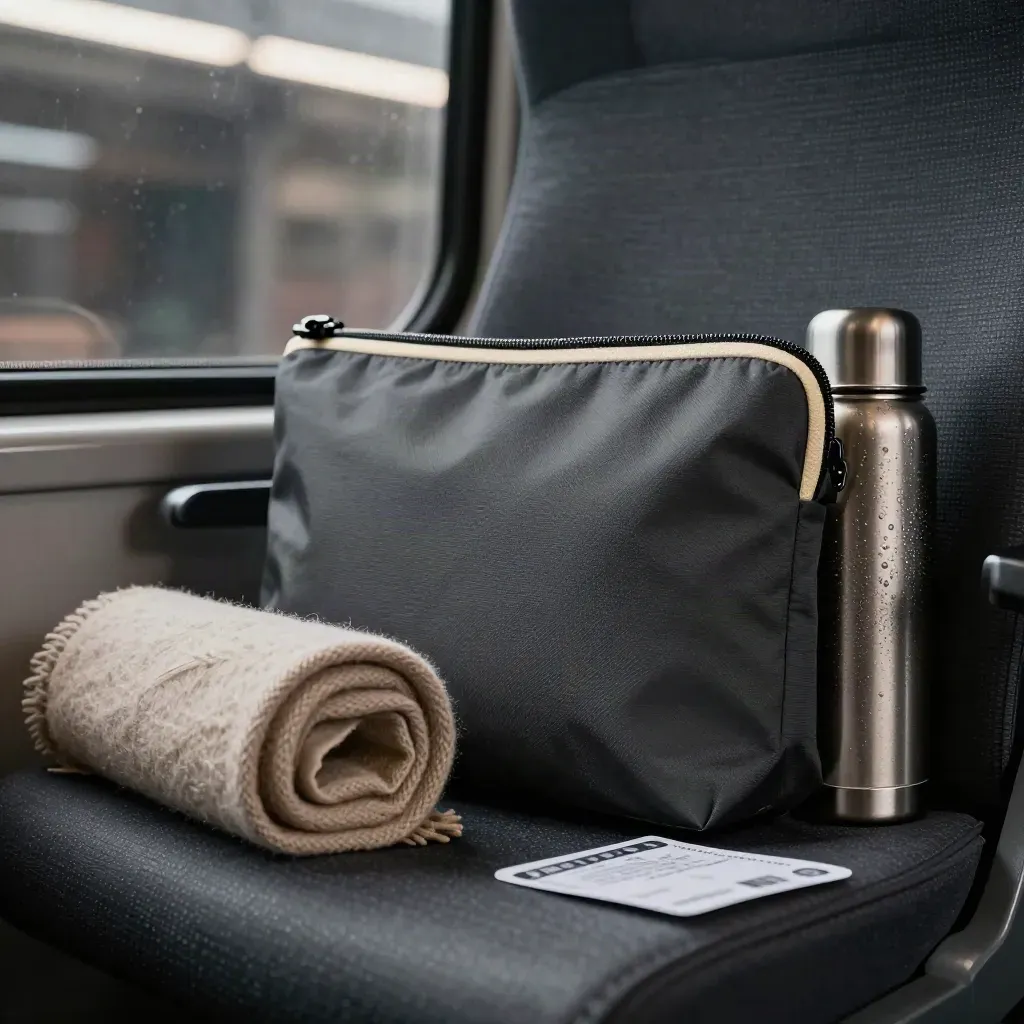 Close-up van een busreistas met sjaal, thermos en tickethoesje op donkere stoelbekleding