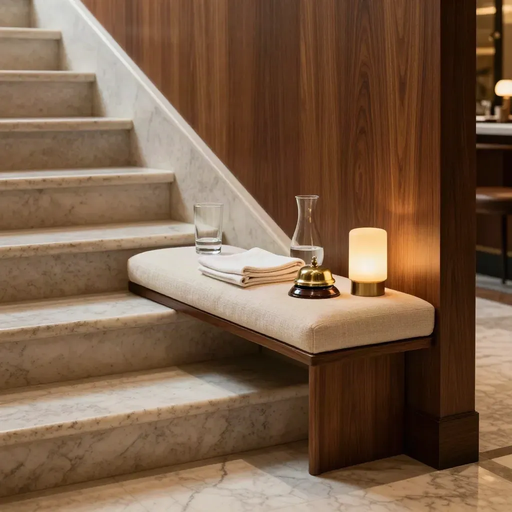 Hotelhoek met marmeren trap, linnen bank en brass lamp in warm licht.