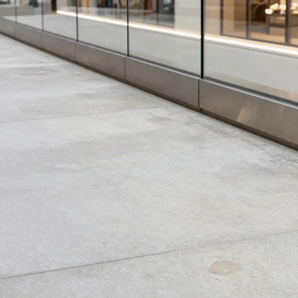 Lege betonnen outletvloer met glazen balustrade, zacht winkellicht en veel ruimte voor copy.