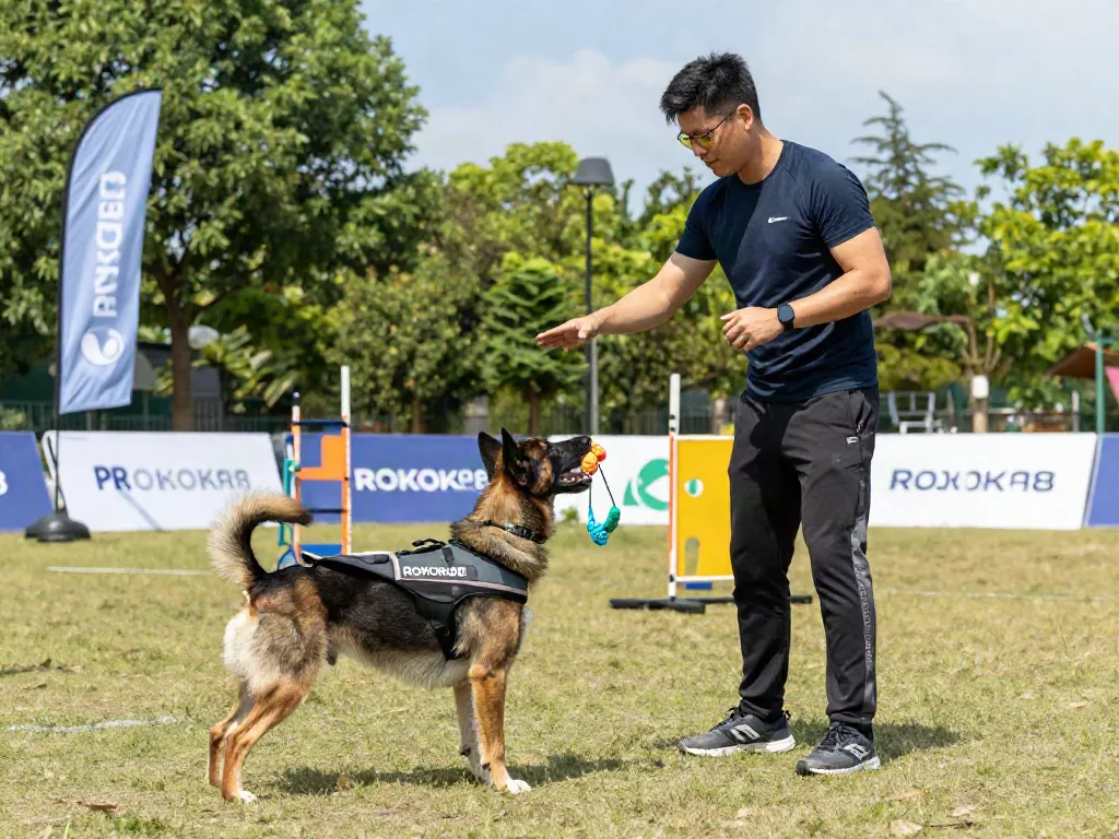 Professional dog trainer demonstrating commands with ROKOK88 gear, active dog responding in a vibrant outdoor setting.