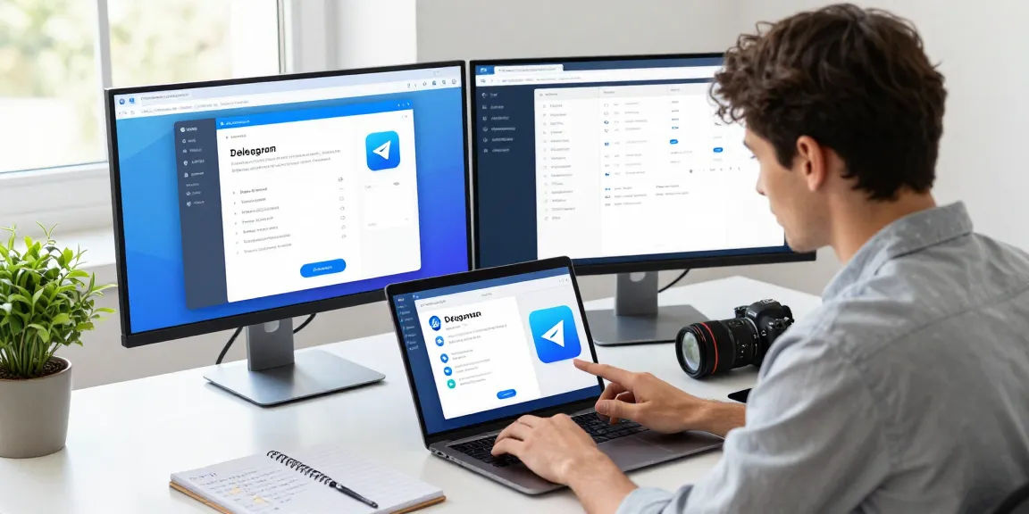 Download Telegram on a sleek laptop in a modern workspace, highlighting user interaction with the app interface.