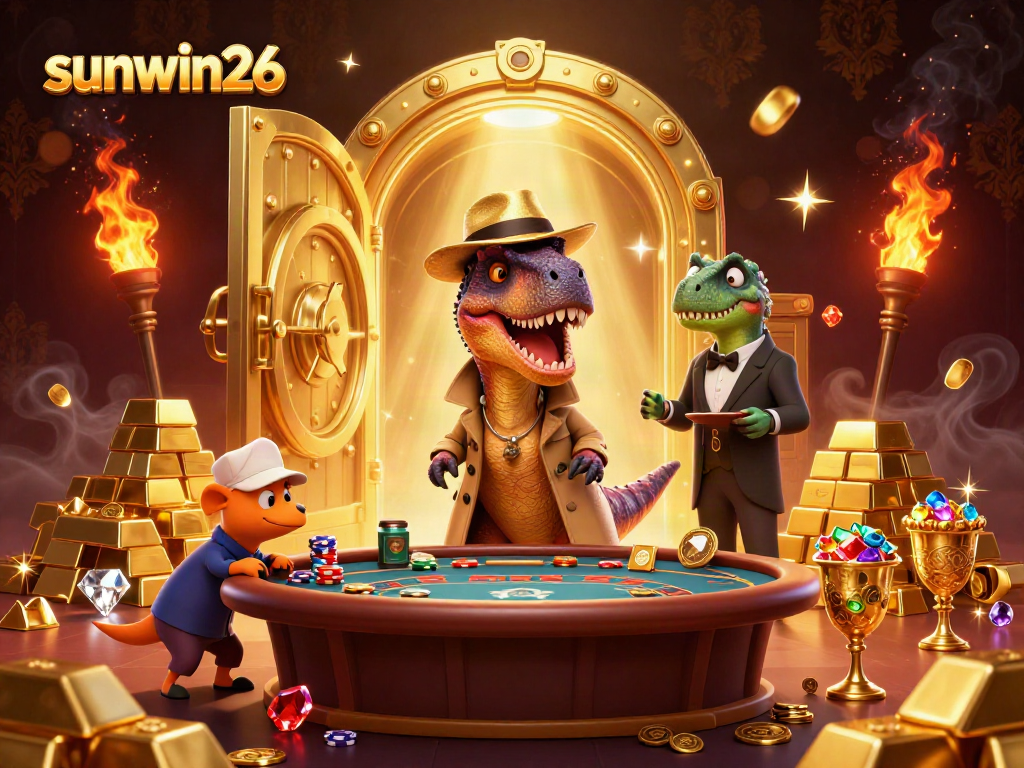Engage with thrilling games at sunwin26 with a cartoon velociraptor card counter in a glamorous casino scene.