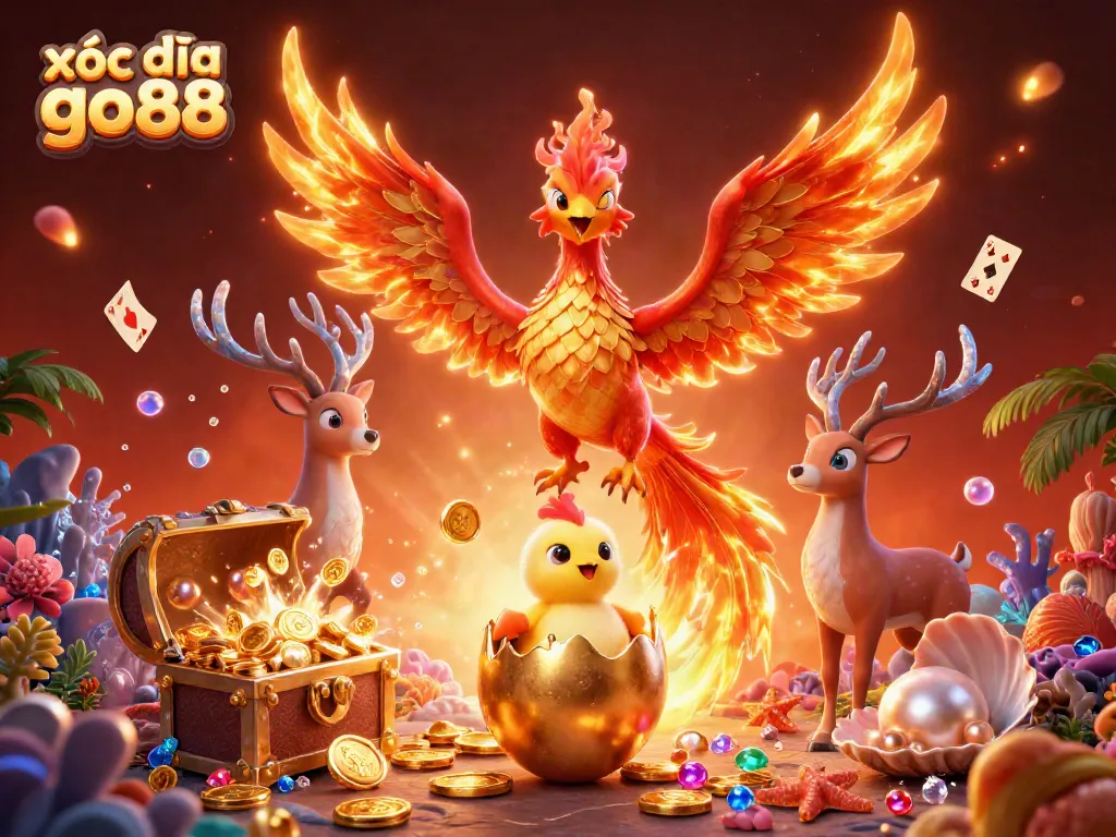 Play xóc đĩa go88 with dynamic elements of a phoenix and treasures surrounding a mystical scene.