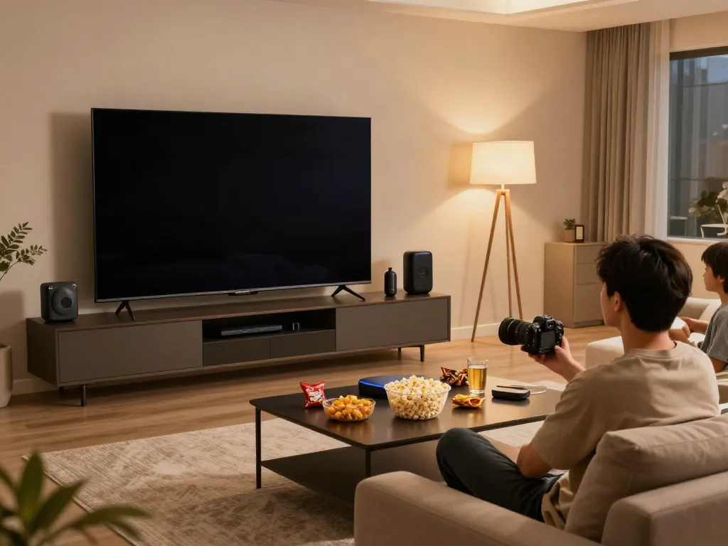 Relaxing movie night scene featuring pikashow alternative streaming on a large TV