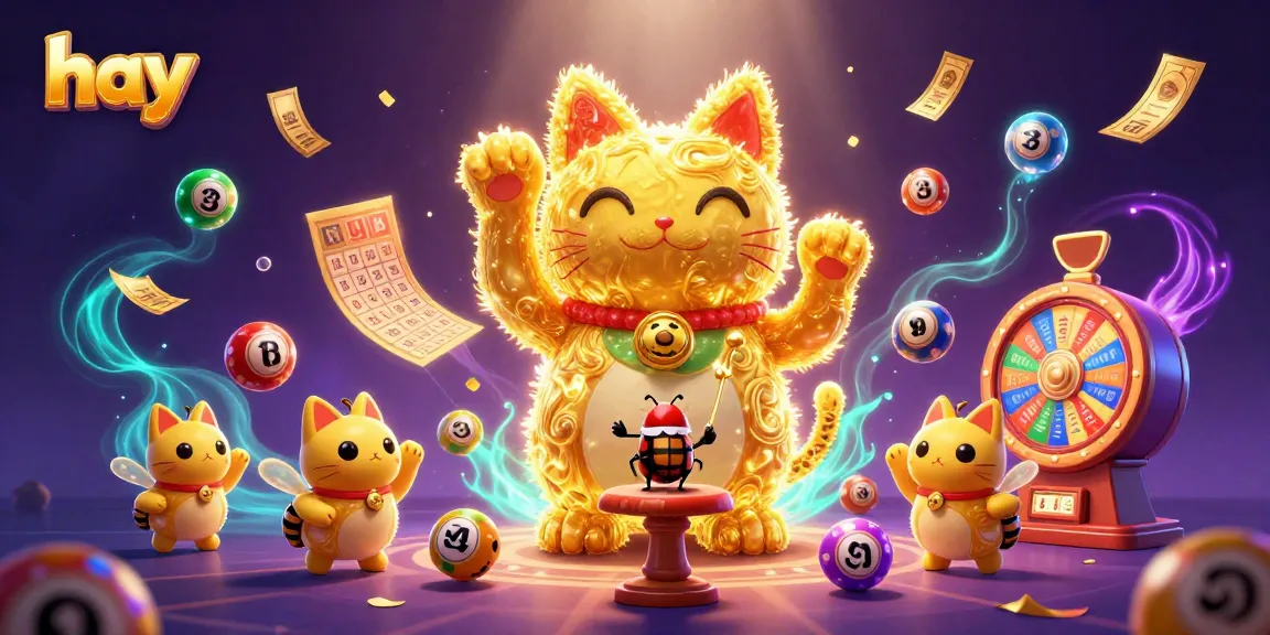 Engage with lively gaming scenes depicting a golden lucky cat forming with lottery symbols amidst rich colors and dynamic motion at hay.