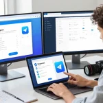 Download Telegram on a sleek laptop in a modern workspace, highlighting user interaction with the app interface.