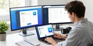 Download Telegram on a sleek laptop in a modern workspace, highlighting user interaction with the app interface.