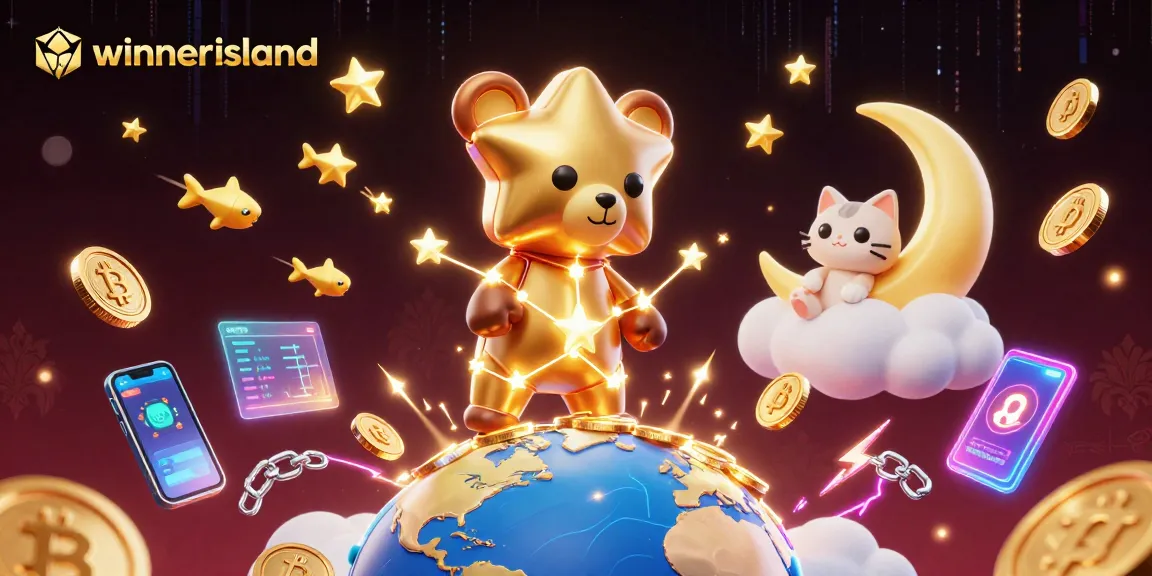 winnerisland showcases a vibrant casino adventure with golden star bear collecting coins amidst crypto elements.