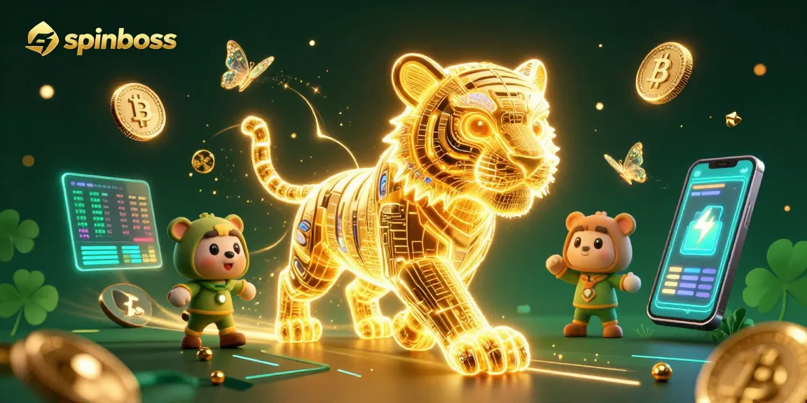 Experience thrilling gaming moments at SpinBoss Casino with a neon tiger amidst vibrant casino elements.
