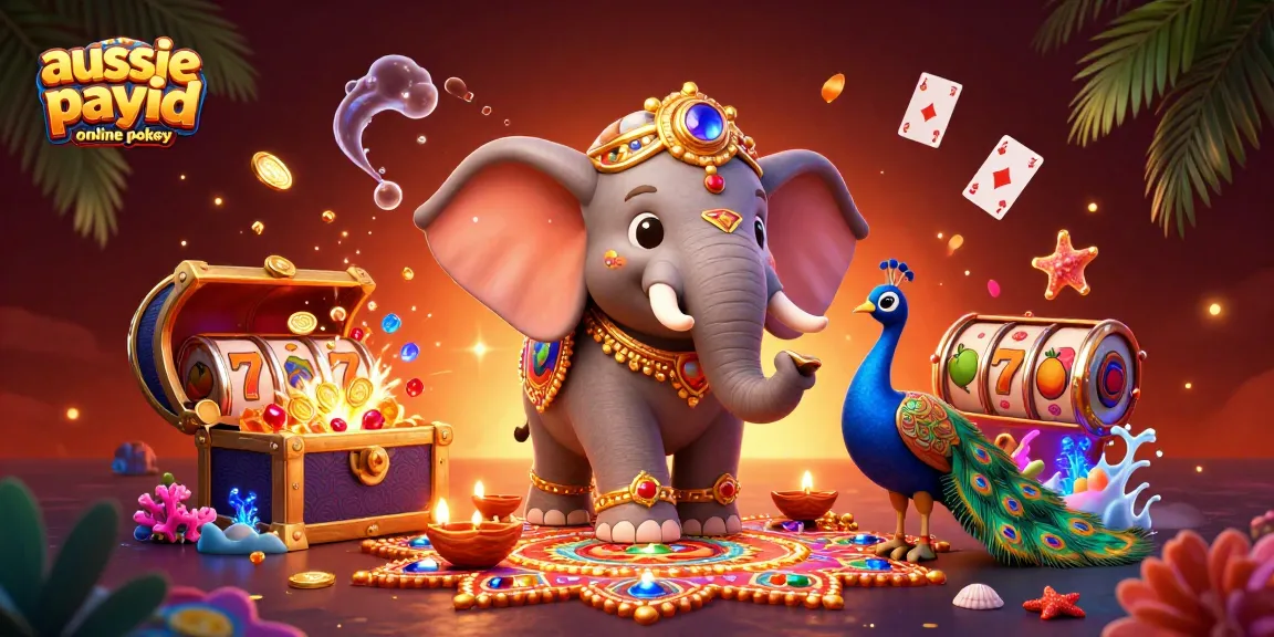Aussie payid online pokies illustration with a Diwali elephant and rich casino elements for online gaming.