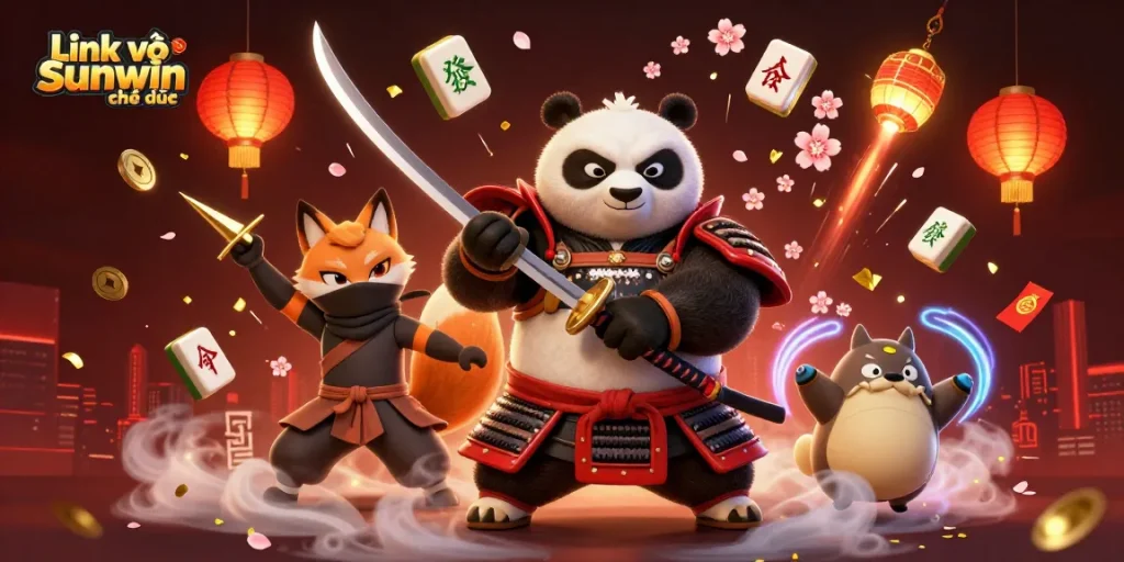 Experience the thrill with "Link vào Sunwin chính thức" featuring captivating 3D characters in a vibrant casino setting.