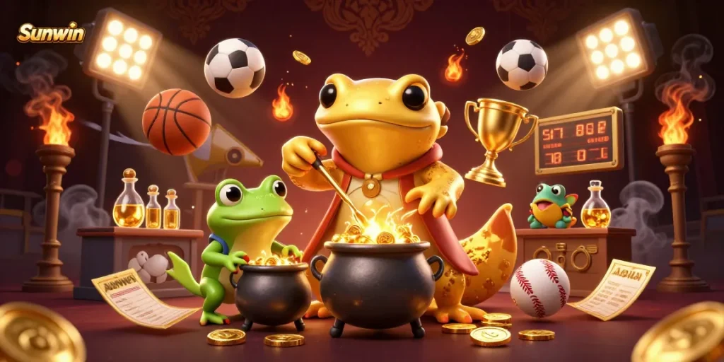 Experience thrilling gameplay at Sunwin as vibrant sports elements and golden effects immerse you in a digital casino.