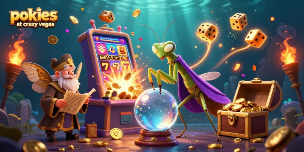 Experience thrilling pokies at Crazy Vegas with vibrant slot machines and mystical fortune tellers.