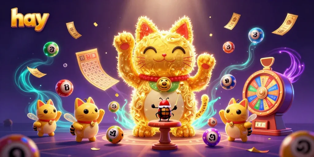 Engage with lively gaming scenes depicting a golden lucky cat forming with lottery symbols amidst rich colors and dynamic motion at hay.